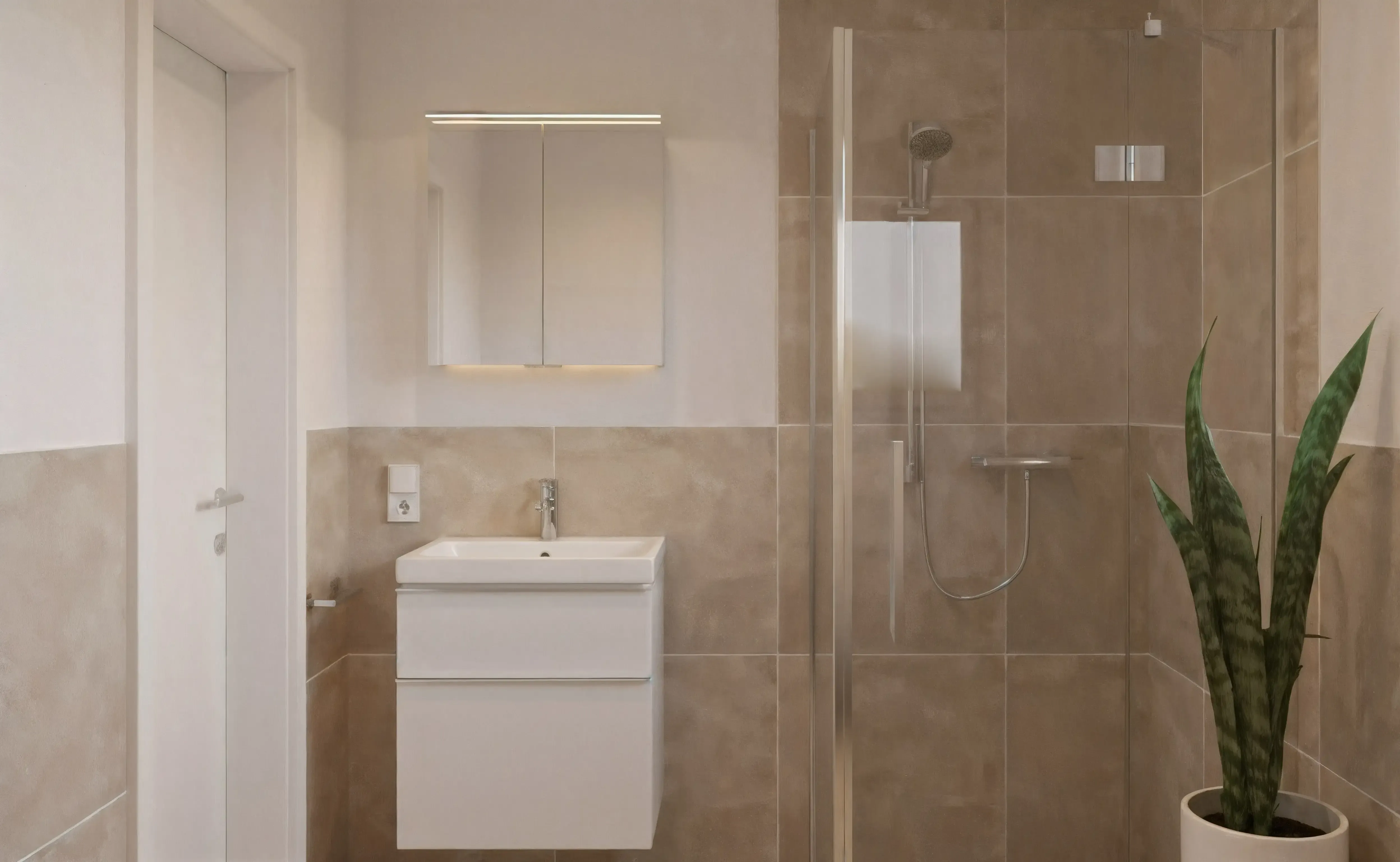 Ein stilvolles Badezimmer mit bodentiefer Dusche und rahmenloser Glasabtrennung bietet funktionales Design in ruhigen Naturfarben. Der rechteckige Waschtisch mit integriertem Unterschrank ist platzsparend montiert. Oberhalb befindet sich ein beleuchteter Spiegelschrank, der zusätzlichen Stauraum schafft. Die grüne Pflanze im Vordergrund ergänzt das Design durch ein natürliches Element.