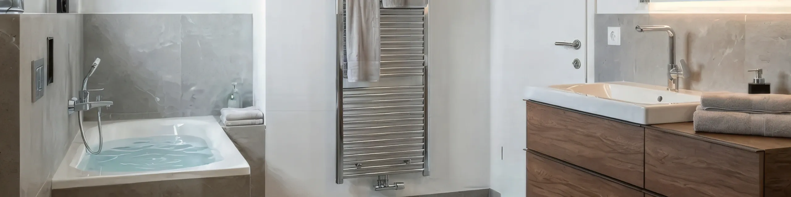 Ein harmonisches Badezimmer mit eingelassener Badewanne, Handbrause und modernem Holz-Waschtisch. Ein verchromter Handtuchheizkörper hängt an der Wand, daneben liegt ein gefaltetes Handtuch auf der Ablage. Die Gestaltung wirkt warm und hochwertig.