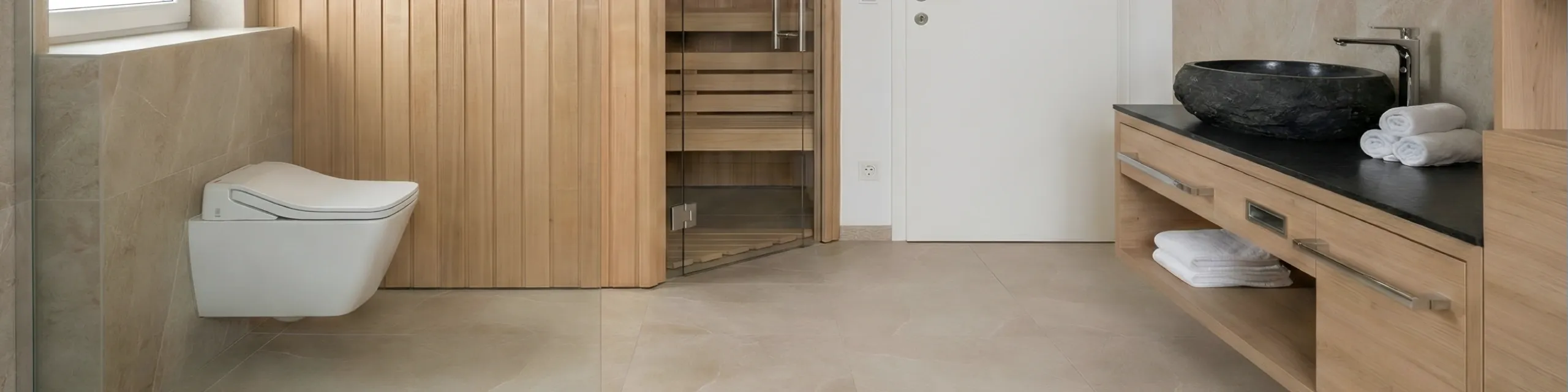 Hochwertige Badgestaltung mit integrierter Sauna, wandhängender Toilette und Waschtisch mit Naturstein-Waschbecken.