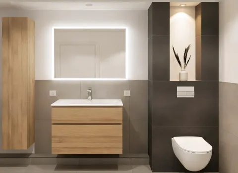 Modernes Badezimmer mit wandhängendem WC, Waschtisch aus Holz und großem LED-Spiegel.
