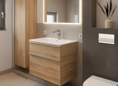Design-Badezimmer mit Waschtischunterschrank aus Holz, beleuchtetem Spiegel und integrierter Steckdose für praktische Nutzung.