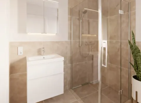 Ein modernes Badezimmer mit beigen Wand- und Bodenfliesen zeigt eine elegante Eckdusche mit Glasabtrennung und Edelstahlarmatur. Links daneben befindet sich ein schwebender Waschtisch mit Spiegel und integrierter LED-Beleuchtung. Die helle Farbgestaltung sorgt für ein freundliches Raumgefühl. Eine grüne Pflanze im weißen Topf bringt Natürlichkeit ins Bad.