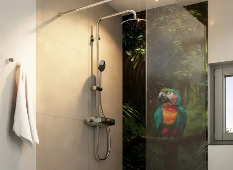 Duschbereich mit Regenbrause und einzigartigem Wandmotiv – Papagei auf Glasrückwand als tropisches Highlight im modernen Bad.