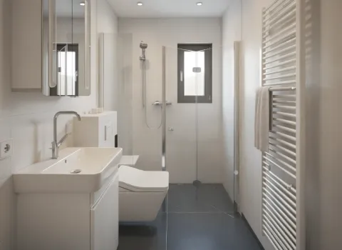 Ein kompaktes Badezimmer mit Spiegelschrank, wandhängendem WC und Glasdusche. Helle Fliesen, integrierter Stauraum und modernes Design machen das Bad funktional und stilvoll.