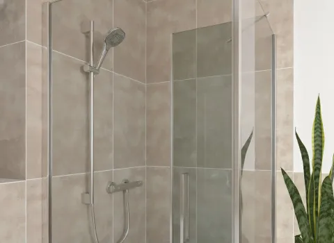Ein Ausschnitt einer modernen Duschkabine mit Glaswand und verstellbarer Duschstange, eingebettet in beige geflieste Wände. Die verchromten Armaturen und klaren Linien unterstreichen das zeitgemäße Design. Neben der Dusche ist eine grüne Sansevieria im weißen Topf zu sehen. Die Szene wirkt gepflegt, reduziert und stilvoll.