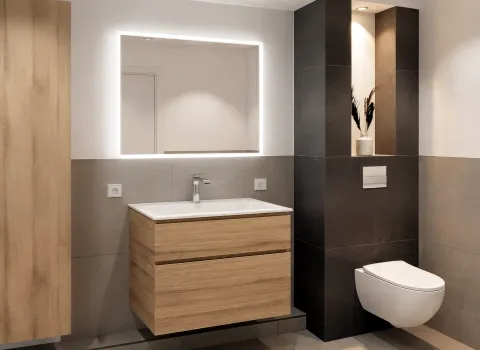 Modernes Badezimmer mit wandhängendem WC, Holz-Waschtischunterschrank und beleuchtetem Spiegel.