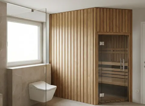 Hochwertiges Bad mit platzsparender Holzsauna, Glasduschwand und wandmontierter Toilette.