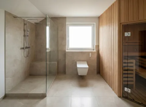 Helles Badezimmer mit begehbarer Dusche, wandhängendem WC und moderner Sauna mit Glasfront.