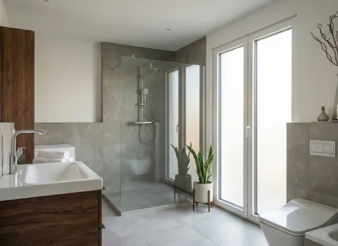 Ein stilvolles Badezimmer mit Walk-in-Dusche, Holz- und Natursteinoptik sowie großzügigen Fenstern. Eine Zimmerpflanze steht dekorativ vor der Glasfläche. Das Design ist modern und wohnlich zugleich.