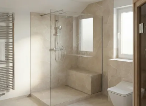 Design-Badezimmer mit Glasduschwand, Regendusche, Edelstahl-Handtuchheizung und stilvollem WC.