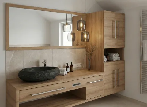 Eleganter Waschbereich mit schwarzem Steinwaschbecken, Hängelampen und viel Stauraum im Badmöbel.