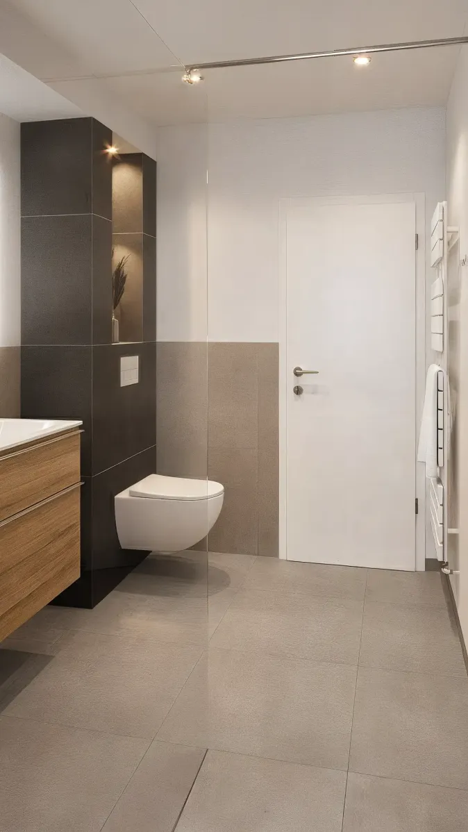 Ein funktionales Bad mit schwebendem Waschtisch in Holzoptik und wandhängendem WC, das in eine moderne, dunkle Vorwand eingelassen ist. Die hinterleuchtete Nische bringt dekorative Tiefe. Helle Grautöne dominieren die Fliesenflächen, während der LED-Spiegel und Deckenspots für durchdachte Beleuchtung sorgen. Ein weißer Handtuchwärmer an der Wand ergänzt das Design.