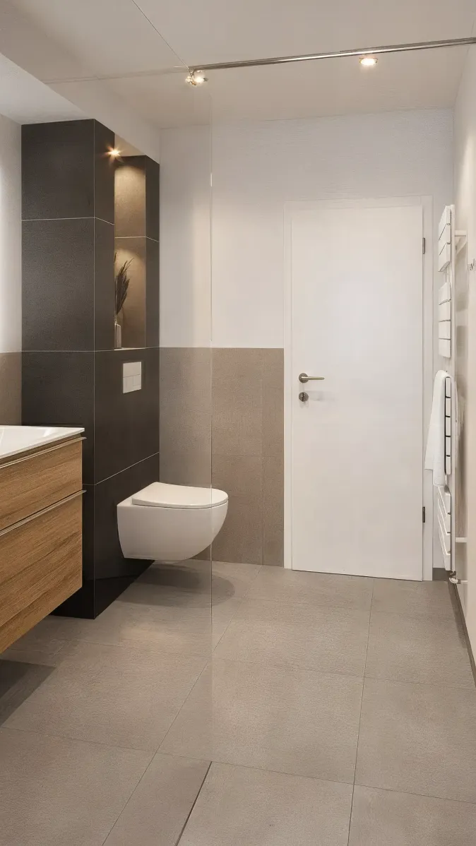 Ein funktionales Bad mit schwebendem Waschtisch in Holzoptik und wandhängendem WC, das in eine moderne, dunkle Vorwand eingelassen ist. Die hinterleuchtete Nische bringt dekorative Tiefe. Helle Grautöne dominieren die Fliesenflächen, während der LED-Spiegel und Deckenspots für durchdachte Beleuchtung sorgen. Ein weißer Handtuchwärmer an der Wand ergänzt das Design.