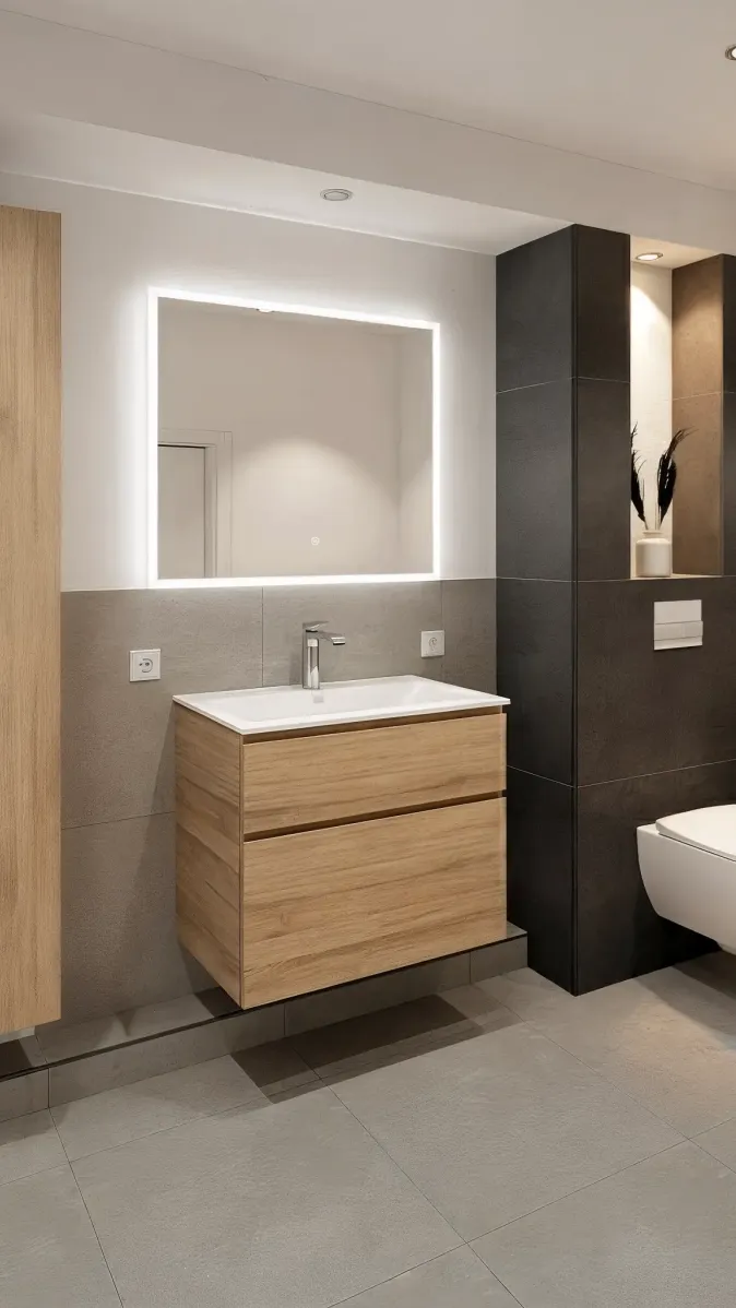 Modernes Bad mit zurückhaltender Farbgestaltung: Graue Feinsteinzeugfliesen treffen auf einen Holzwaschtisch mit zwei Schubladen, darüber ein großflächiger LED-Spiegel. Die wandmontierte Toilette ist elegant in eine anthrazitfarbene Vorwand integriert, mit dekorativer Nische und Spotlicht.