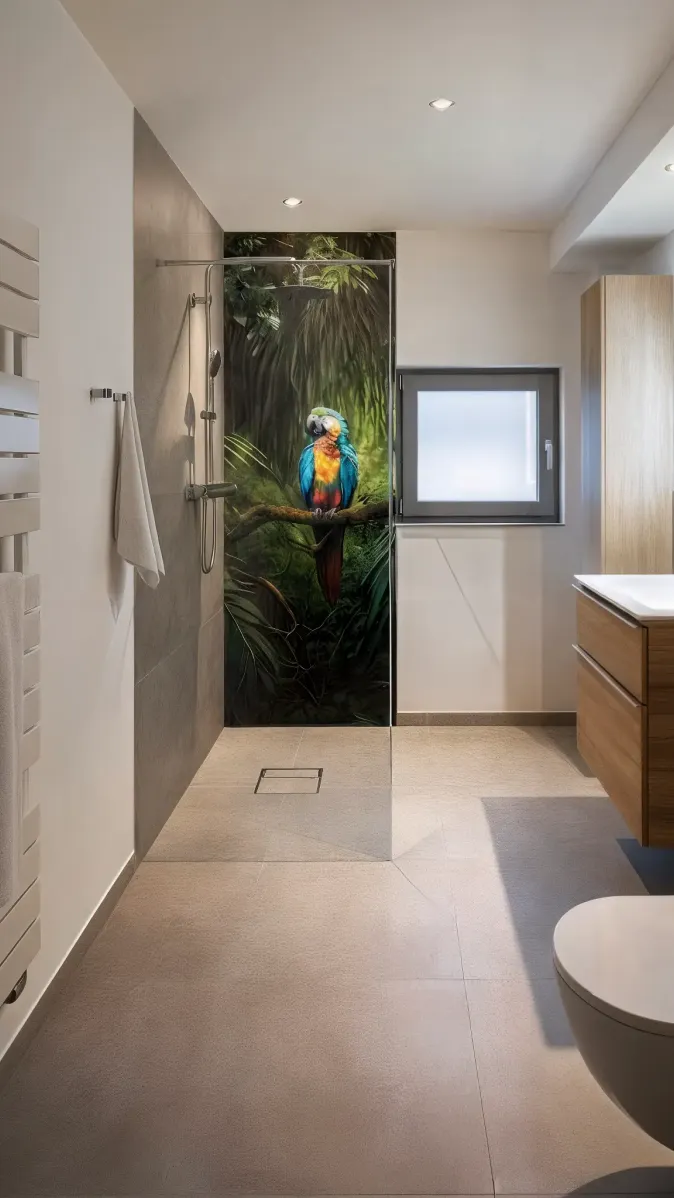 Badezimmer mit begehbarer Dusche und individueller Wandgestaltung: Eine farbenfrohe Dschungel-Szene mit Papagei als Rückwandmotiv setzt einen exotischen Akzent. Das Bad überzeugt mit bodengleicher Dusche, Glasabtrennung, modernen Holzbadmöbeln und hellem Fliesenboden.