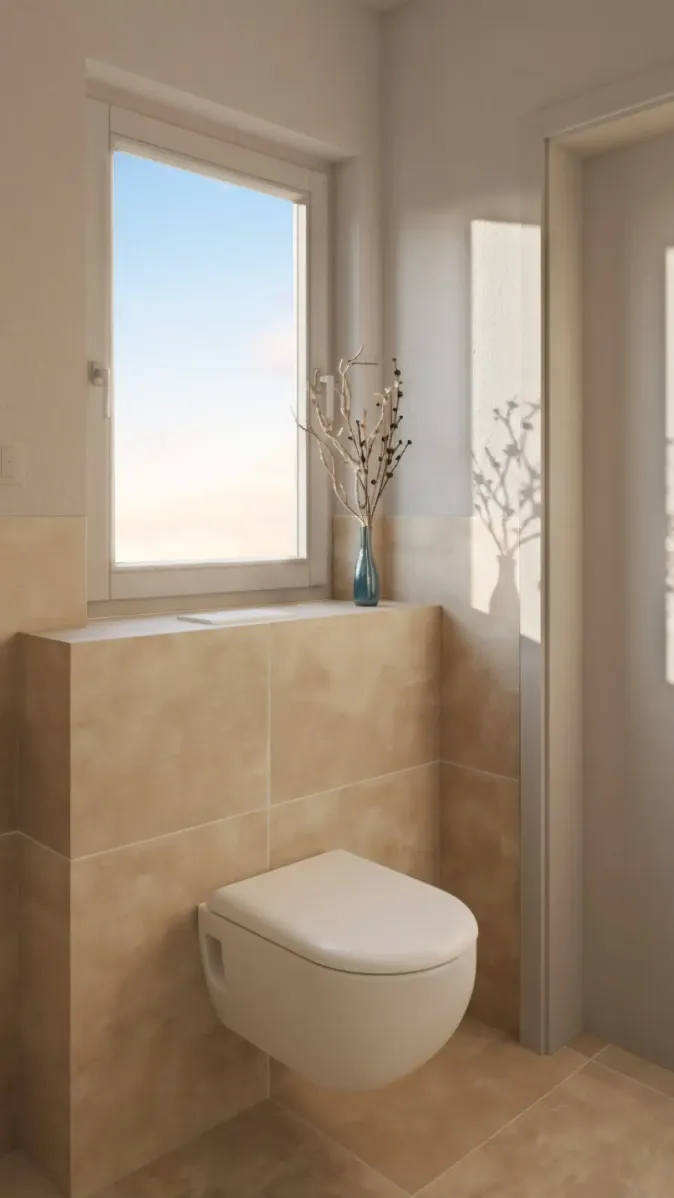 Ein stilvoll gestalteter Toilettenbereich mit wandmontierter Toilette und großflächigen, beigen Wand- und Bodenfliesen. Direkt über dem WC befindet sich ein Fenster, das Licht und Luft in das Bad bringt. Auf dem Sims steht eine Vase mit filigranen Zweigen, die durch das Sonnenlicht einen schönen Schattenspiel-Effekt an der Wand erzeugen. Die Szene strahlt Ruhe und modernes Design aus.