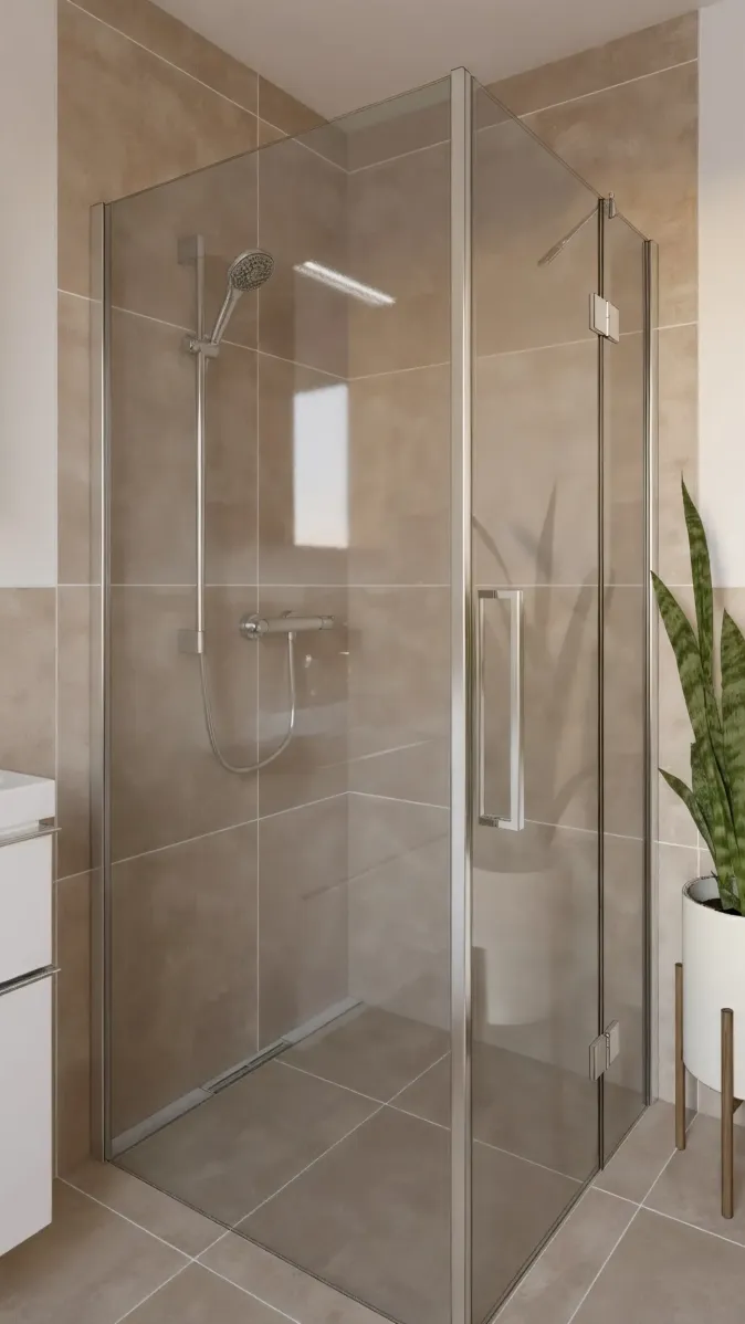 Eine moderne Eckdusche mit Glaswänden und verchromter Handbrause ist in einem hell gefliesten Badezimmer integriert. Die Duschkabine steht auf beigen Bodenfliesen, die farblich zu den Wandfliesen abgestimmt sind. Links daneben befindet sich ein weißer Waschplatz mit klarer Linienführung. Eine große grüne Pflanze im weißen Topf bringt Lebendigkeit in die Ecke des Raumes.