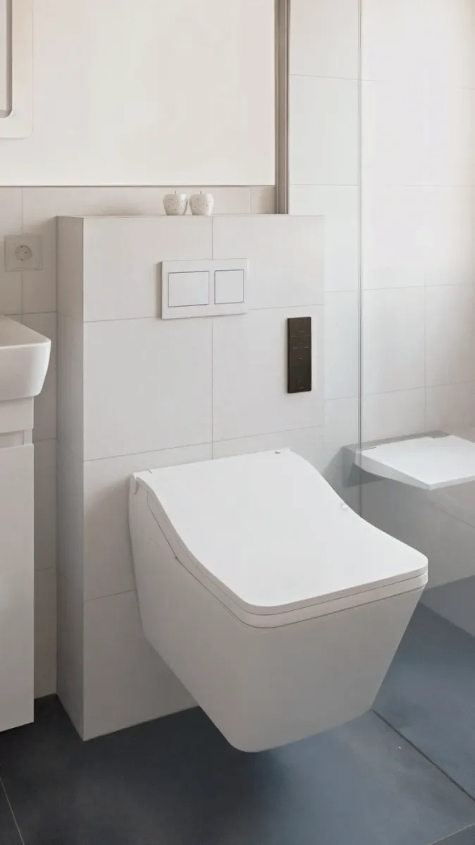 Ein elegantes Hänge-WC in einem hell gefliesten Bad mit angrenzender, bodengleicher Dusche. Die Ausstattung ist hochwertig und funktional. Der Stil ist zurückhaltend und modern.