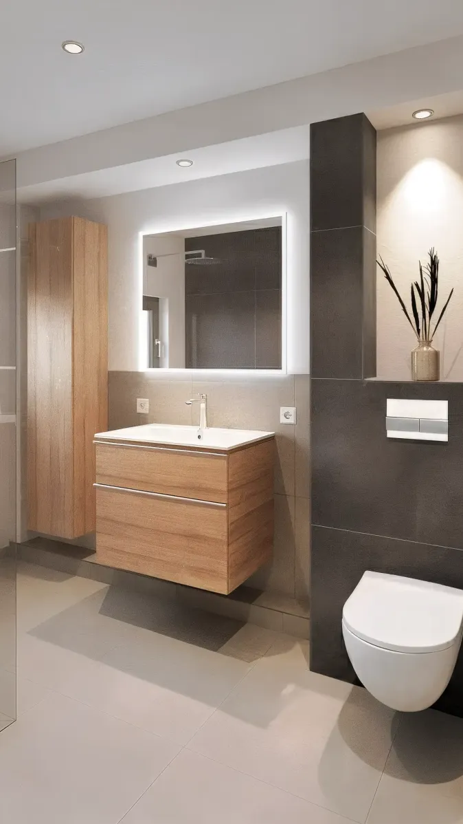 Stilvolles Bad mit wandhängendem Waschbecken und WC. Die Kombination aus Holzfronten, großformatigen Fliesen und integrierter Nische mit Deko-Element ergibt ein modernes und wohnliches Design.