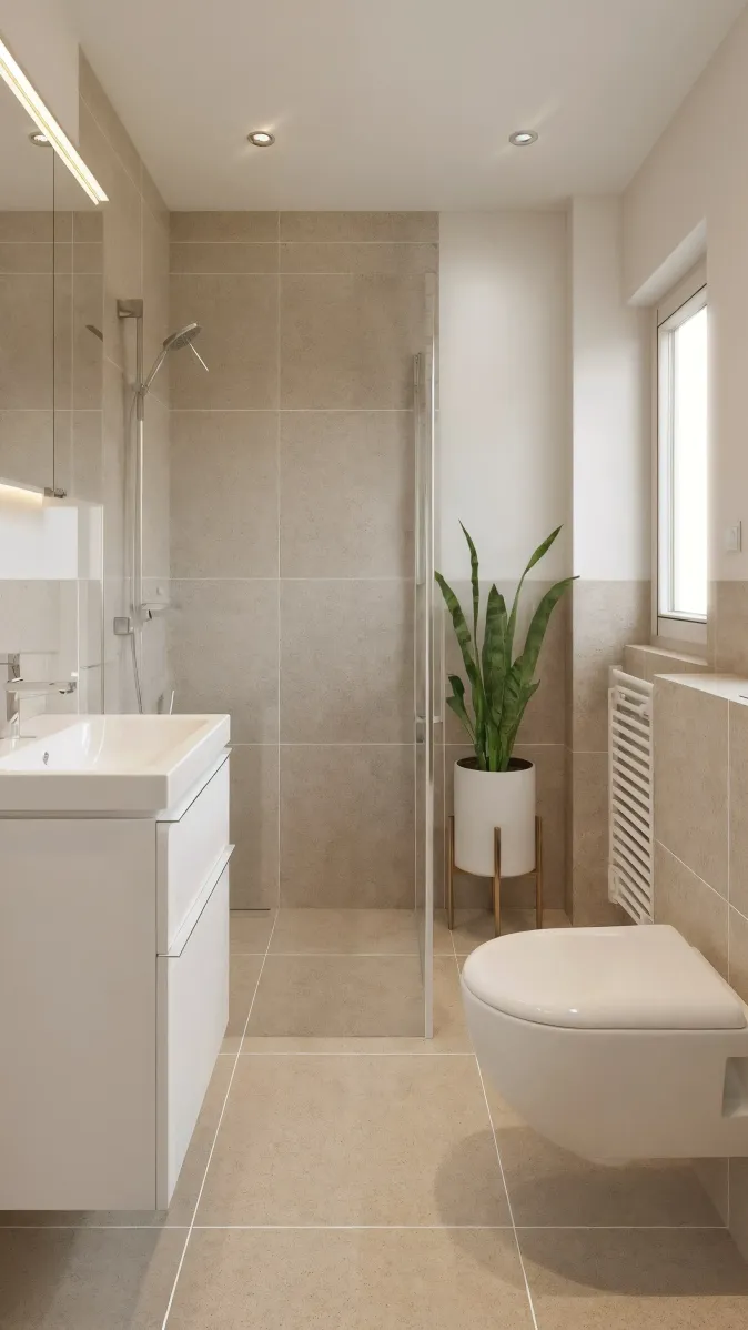 Ein helles, minimalistisch eingerichtetes Badezimmer mit klaren Linien und durchdachtem Layout. Der Waschtisch mit Unterbauschubladen ist platzsparend an der Wand montiert, daneben befindet sich eine bodengleiche Dusche mit Glaswand. Die wandhängende Toilette fügt sich unauffällig ins Design ein. Natürliche Farben, viel Tageslicht und eine dekorative Pflanze sorgen für ein modernes Wohngefühl.