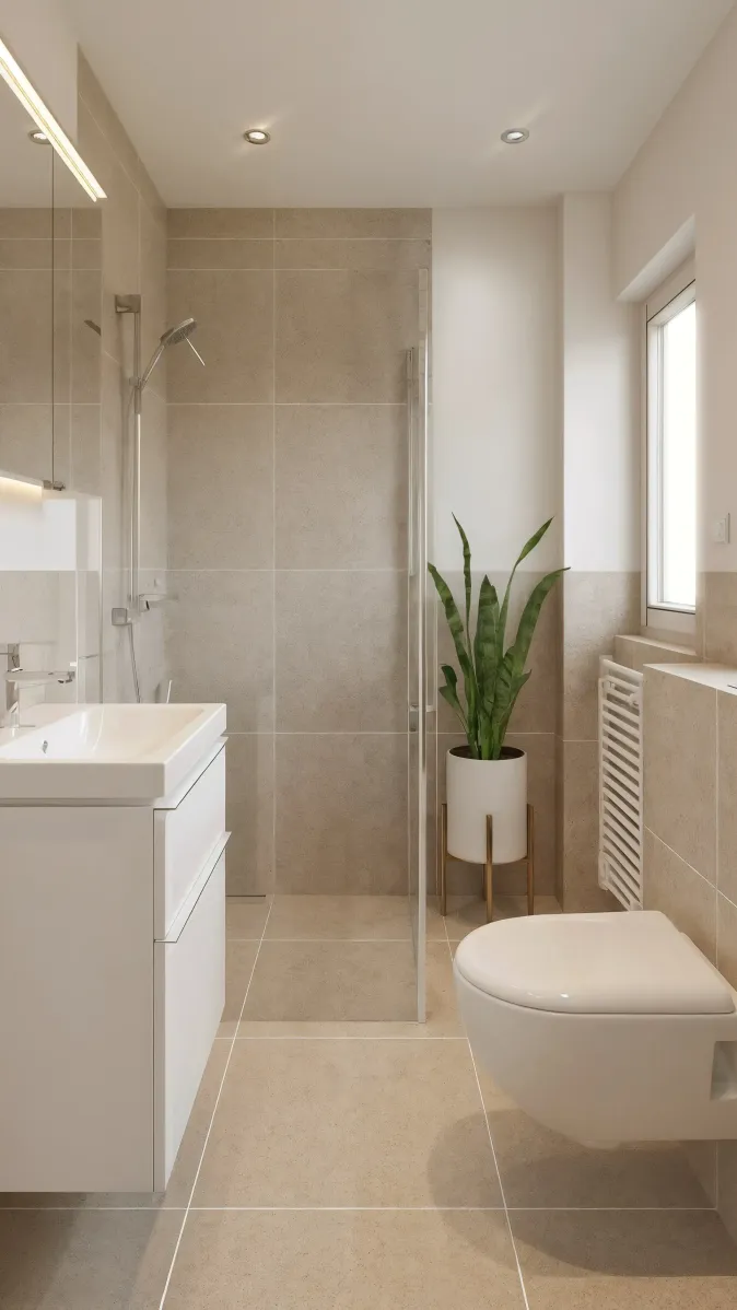 Ein helles, minimalistisch eingerichtetes Badezimmer mit klaren Linien und durchdachtem Layout. Der Waschtisch mit Unterbauschubladen ist platzsparend an der Wand montiert, daneben befindet sich eine bodengleiche Dusche mit Glaswand. Die wandhängende Toilette fügt sich unauffällig ins Design ein. Natürliche Farben, viel Tageslicht und eine dekorative Pflanze sorgen für ein modernes Wohngefühl.