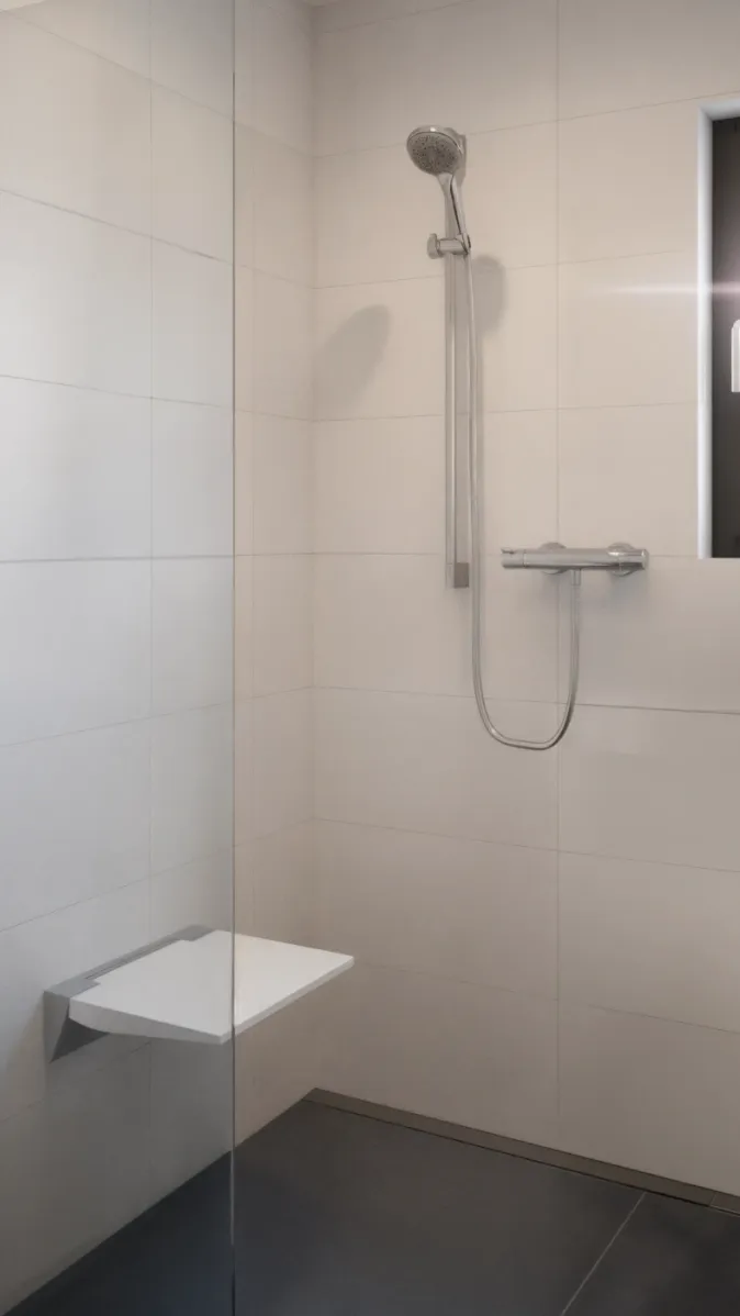 Eine barrierefreie Dusche mit klappbarem Duschsitz und Handbrause vor hellen Wandfliesen. Der Boden ist rutschfest und bodengleich gestaltet. Die Dusche eignet sich ideal für seniorengerechte Bäder.