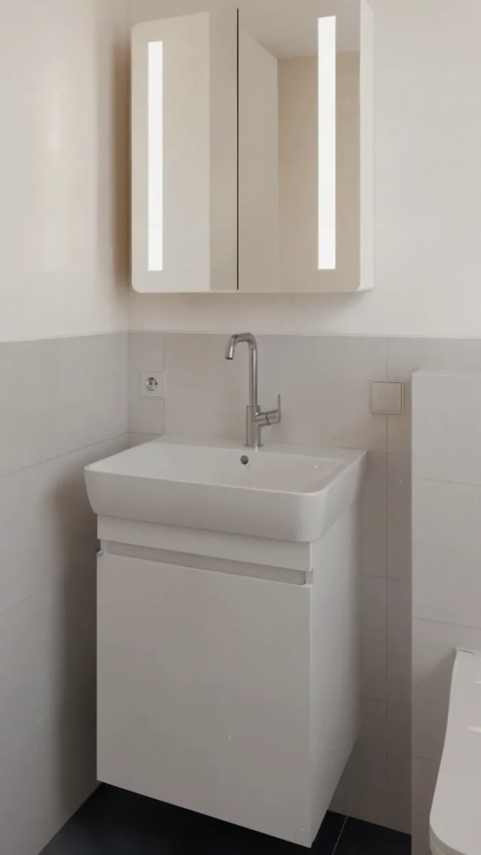 Ein kleiner Waschplatz mit schmalem Unterschrank und beleuchtetem Spiegelschrank in einem hell gefliesten Badezimmer. Die Armatur ist modern in Chrom gehalten. Die Ecke wirkt aufgeräumt und funktional.