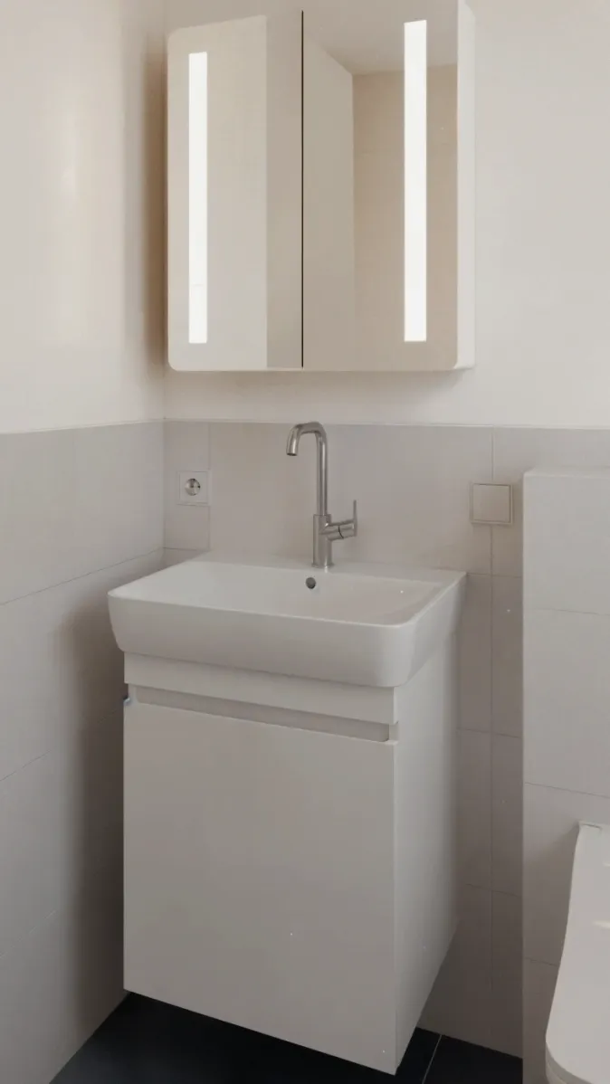 Ein kleiner Waschplatz mit schmalem Unterschrank und beleuchtetem Spiegelschrank in einem hell gefliesten Badezimmer. Die Armatur ist modern in Chrom gehalten. Die Ecke wirkt aufgeräumt und funktional.