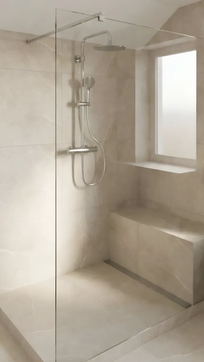 Luxuriöse Dusche mit großer Sitzbank und Regenbrause in zeitlosem Naturstein-Design.