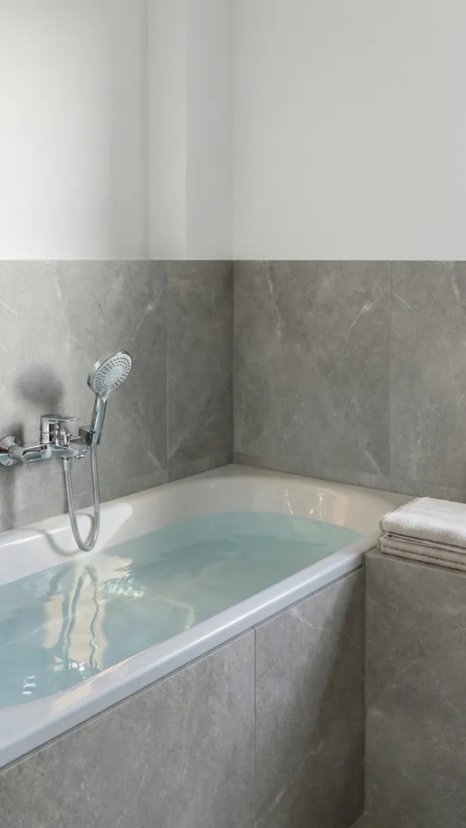 Eine moderne Einbaubadewanne ist mit hellgrauen Feinsteinzeugfliesen verkleidet und mit Wasser gefüllt. Daneben liegen frische Handtücher, bereit für ein entspannendes Bad.