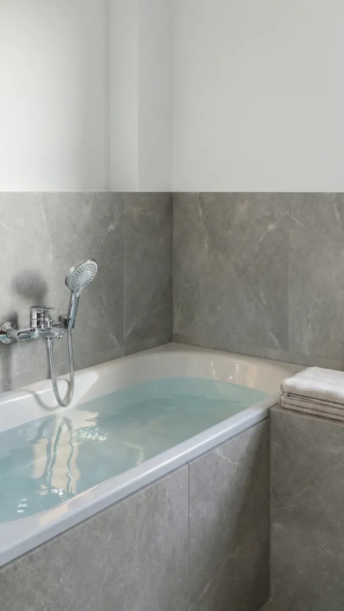 Eine moderne Einbaubadewanne ist mit hellgrauen Feinsteinzeugfliesen verkleidet und mit Wasser gefüllt. Daneben liegen frische Handtücher, bereit für ein entspannendes Bad.