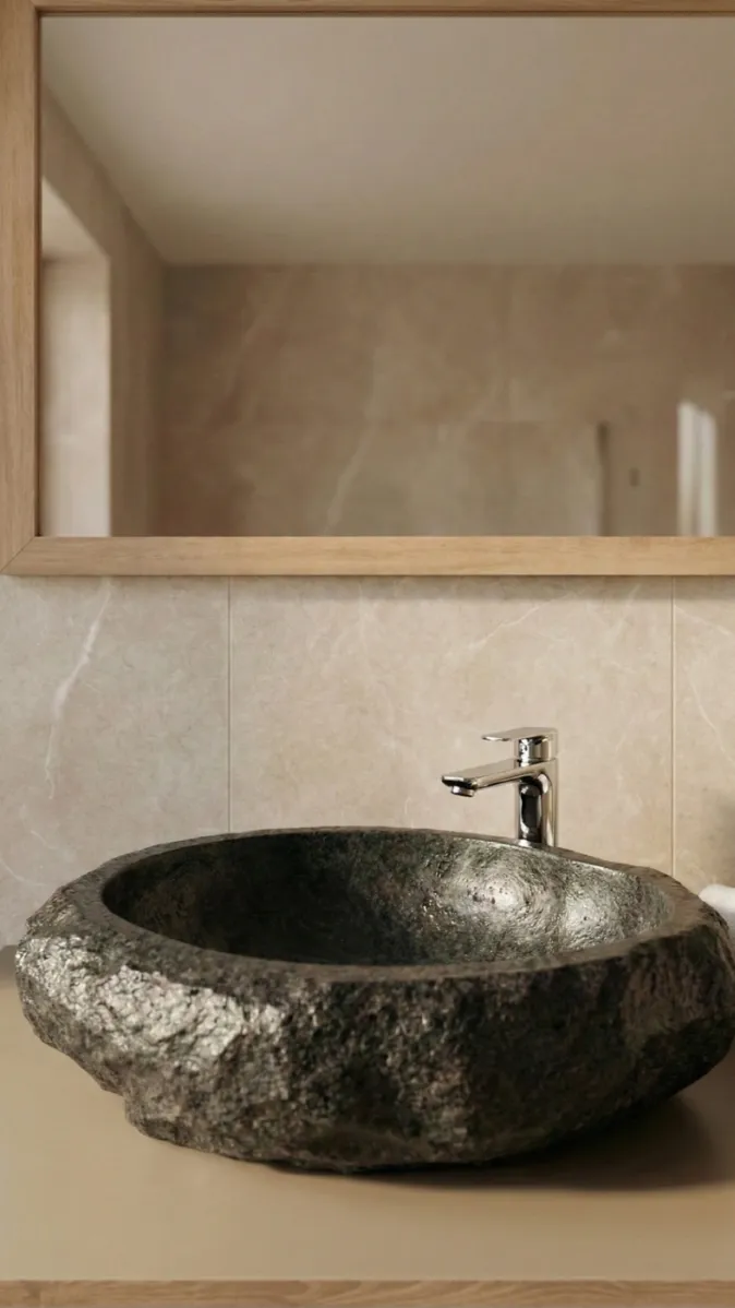 Rustikales Waschbecken aus Naturstein mit moderner Armatur in einem stilvoll gefliesten Badezimmer.