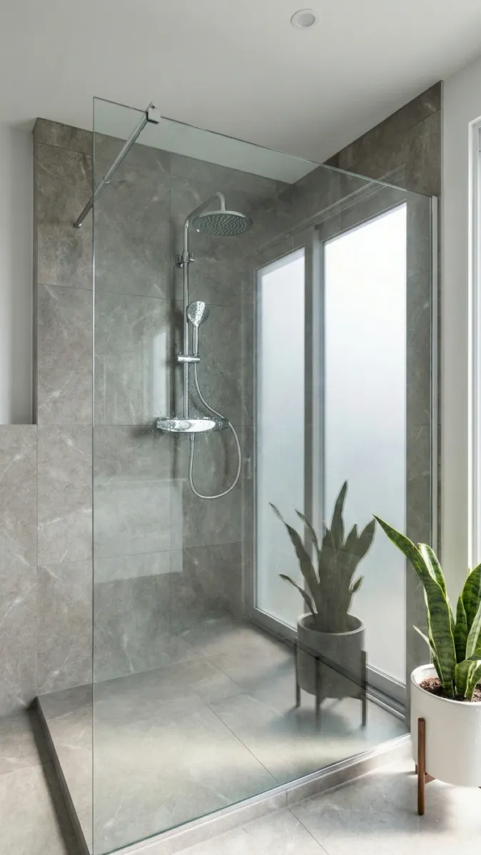 Ebenerdige Dusche mit Regenduschkopf, Glaswand und grauen Natursteinfliesen. Vor den bodentiefen Fenstern steht eine dekorative Zimmerpflanze.