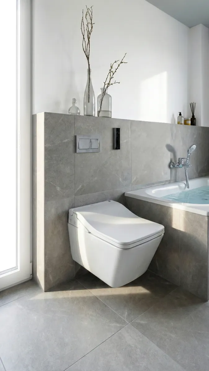 Design-Badezimmer mit wandmontiertem WC und Badewanne in grauer Natursteinoptik. Dezente Dekoration auf dem Vorbau rundet das moderne Ambiente ab.