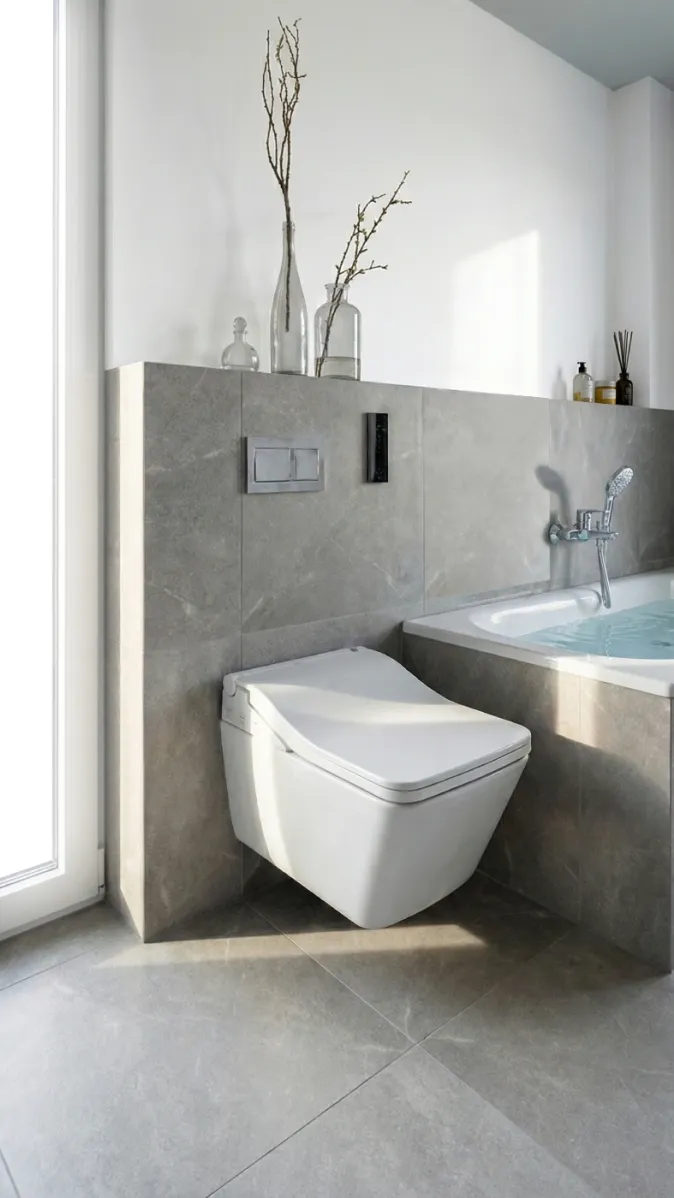 Design-Badezimmer mit wandmontiertem WC und Badewanne in grauer Natursteinoptik. Dezente Dekoration auf dem Vorbau rundet das moderne Ambiente ab.