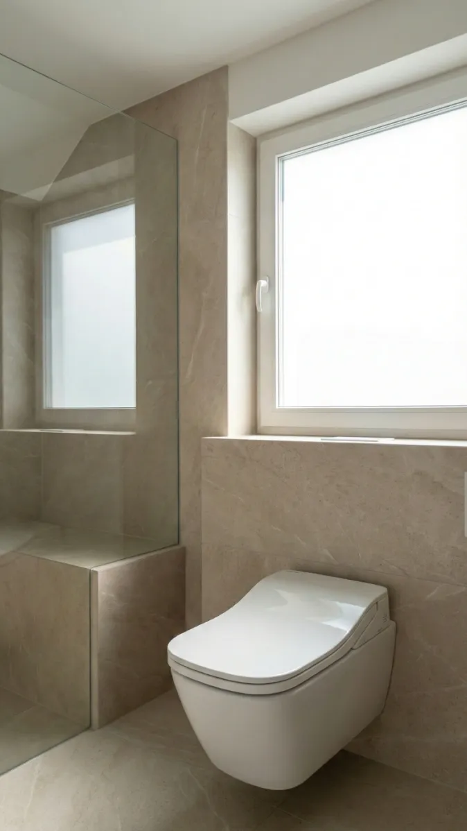 Elegantes WC mit integrierter Duschfunktion in einem lichtdurchfluteten Bad mit Glasdusche.