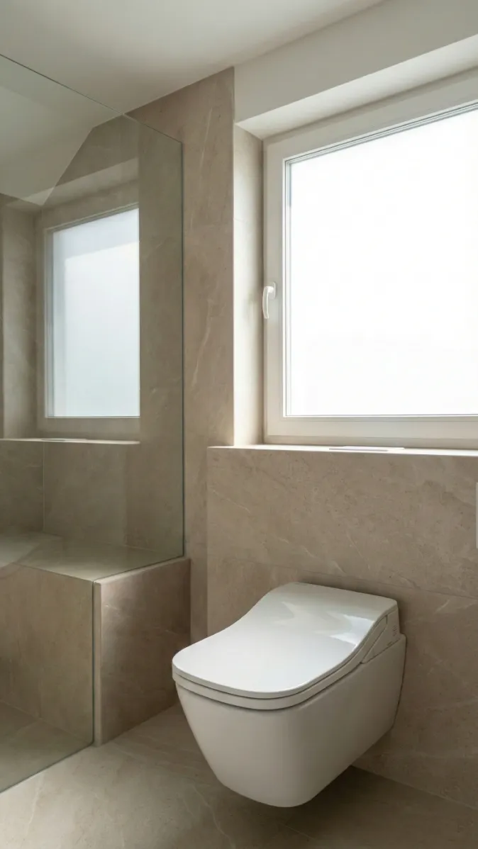 Elegantes WC mit integrierter Duschfunktion in einem lichtdurchfluteten Bad mit Glasdusche.