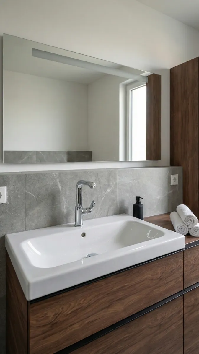 Badezimmer-Waschplatz mit rechteckigem Keramikbecken, Holzfronten und Spiegel mit integrierter Beleuchtung. Klare Linien für ein modernes Raumkonzept.