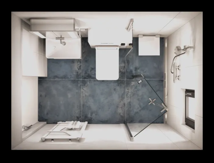 Der Blick von oben zeigt ein kleines Bad mit moderner Aufteilung: Toilette zentral, daneben Waschtisch, Duschkabine und Fenster. Die dunklen Bodenfliesen setzen einen starken Kontrast zu den hellen Wänden. Die Planung nutzt den Raum effizient.