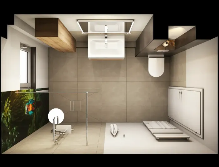 Die Ansicht von oben zeigt ein rechteckiges Badezimmer mit funktionaler Struktur und harmonischer Farbgestaltung. Die bodengleiche Dusche mit Dschungelmotiv nimmt die linke Seite ein, rechts daneben Waschplatz und WC. Die Materialien in Natursteinoptik, Holz und dunklem Grau verleihen dem Raum ein zeitgemäßes, hochwertiges Design.