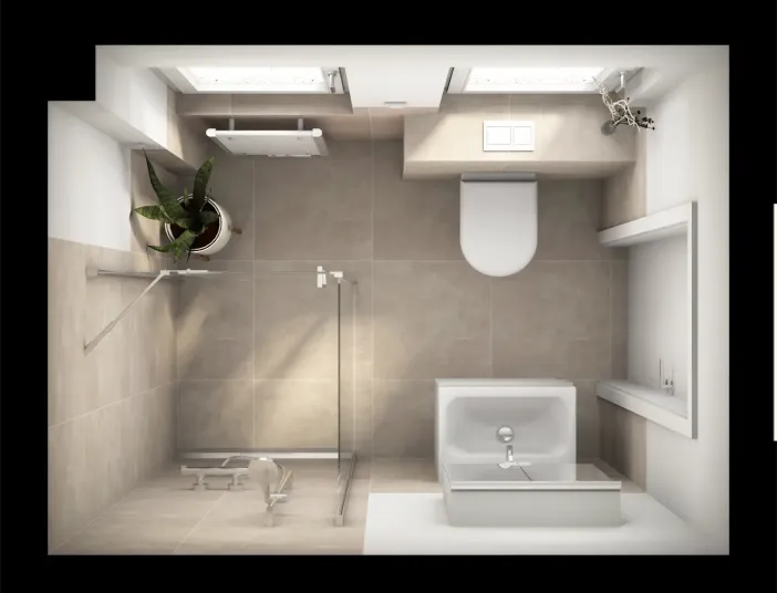 Ein modernes Bad in Vogelperspektive mit klarer Linienführung und optimaler Nutzung eines kleinen Grundrisses. Dusche, WC und Waschbecken sind effizient angeordnet, ohne den Raum beengt wirken zu lassen. Die Glasduschwand und die hellen Fliesen vergrößern optisch das Bad. Ein Pflanzenelement und Tageslicht sorgen für wohnliche Atmosphäre.
