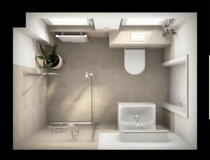 Ein modernes Bad in Vogelperspektive mit klarer Linienführung und optimaler Nutzung eines kleinen Grundrisses. Dusche, WC und Waschbecken sind effizient angeordnet, ohne den Raum beengt wirken zu lassen. Die Glasduschwand und die hellen Fliesen vergrößern optisch das Bad. Ein Pflanzenelement und Tageslicht sorgen für wohnliche Atmosphäre.