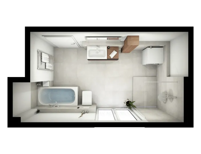 Ein moderner Badezimmer-Grundriss zeigt die Aufteilung mit Badewanne, WC, Waschtisch, Dusche und Waschmaschine. Der Raum ist funktional gestaltet mit klarer Struktur und warmen Naturtönen. Eine Pflanze lockert das Design auf.