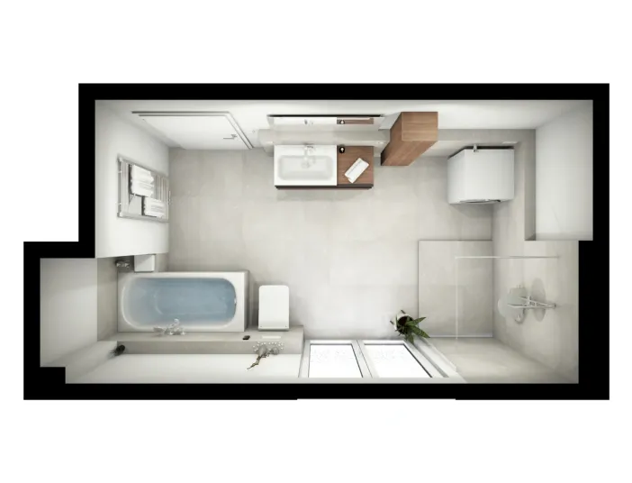 Ein moderner Badezimmer-Grundriss zeigt die Aufteilung mit Badewanne, WC, Waschtisch, Dusche und Waschmaschine. Der Raum ist funktional gestaltet mit klarer Struktur und warmen Naturtönen. Eine Pflanze lockert das Design auf.