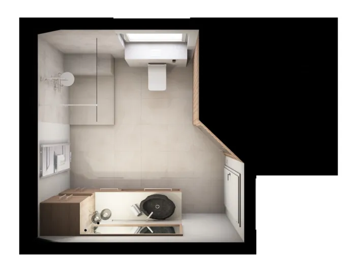 Visualisierter Bad-Grundriss mit offener Dusche, Hänge-WC, Holzsauna und Waschtisch mit Steinwaschschale.