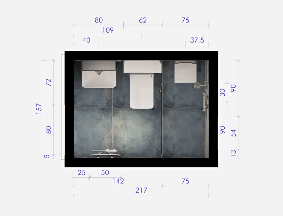 Der Grundriss eines kleinen Badezimmers zeigt eine durchdachte Aufteilung mit Dusche rechts, WC in der Mitte und Waschtisch links. Die Raummaße sind in Zentimetern angegeben. Der Stil ist modern und funktional.