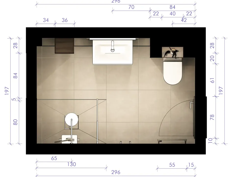 Visualisierter Bad-Grundriss mit exakter Maßangabe: Dusche, WC und Waschtisch platzsparend und barrierefrei integriert.