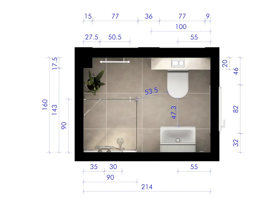 Ein Badezimmer-Grundriss in Draufsicht zeigt eine klare Raumaufteilung mit Dusche, WC und Waschtisch. Die Maße sind in Zentimetern angegeben und beschreiben die genauen Abstände zwischen den Sanitärobjekten. In der linken Ecke steht eine dekorative Pflanze, die dem funktionalen Plan eine wohnliche Note verleiht. Der Grundriss visualisiert ein kompaktes, durchdachtes Badezimmerdesign.