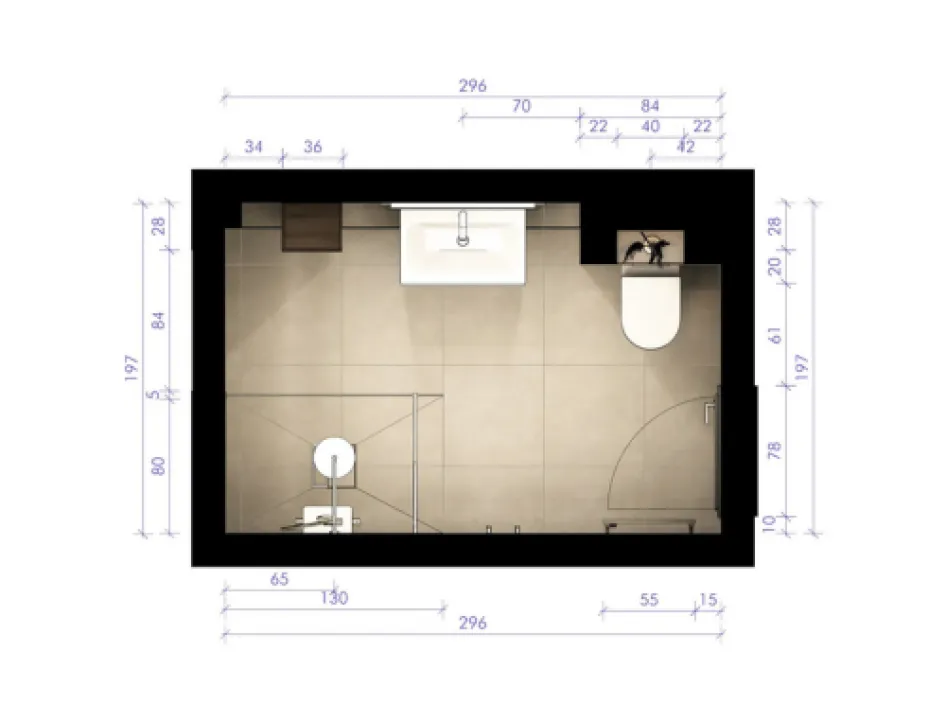 Visualisierter Bad-Grundriss mit exakter Maßangabe: Dusche, WC und Waschtisch platzsparend und barrierefrei integriert.