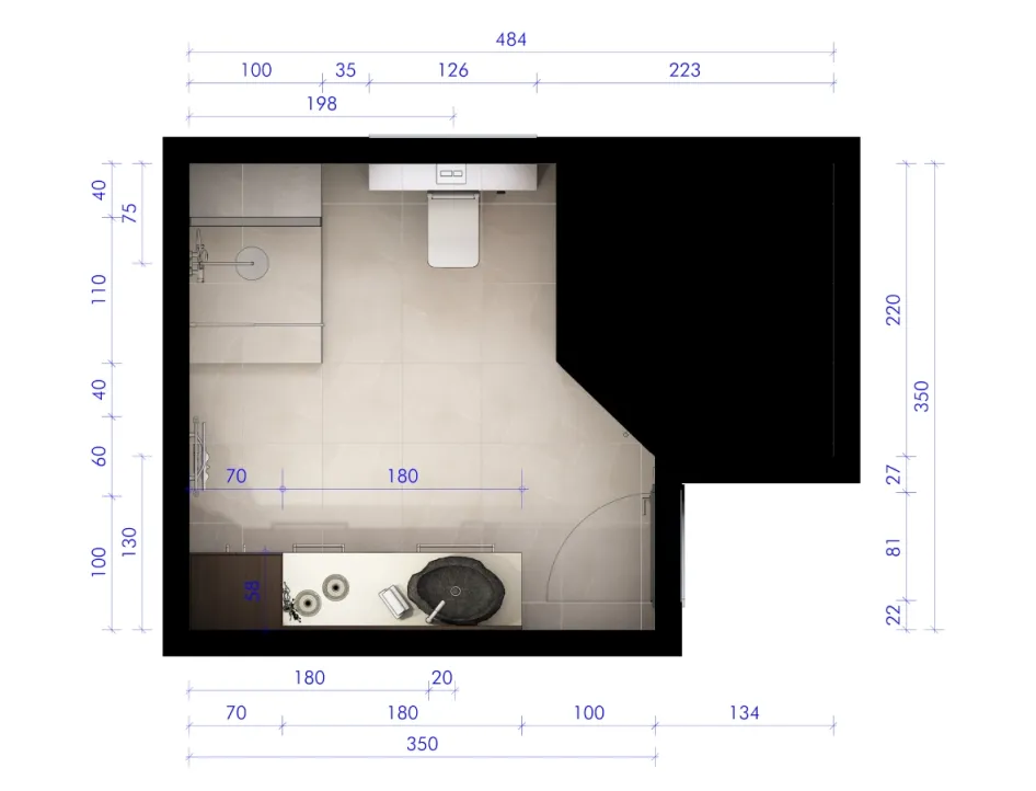 Detaillierter Badgrundriss mit Maßangaben für Dusche, WC, Waschtisch und Heizung in zeitgemäßer Raumaufteilung.